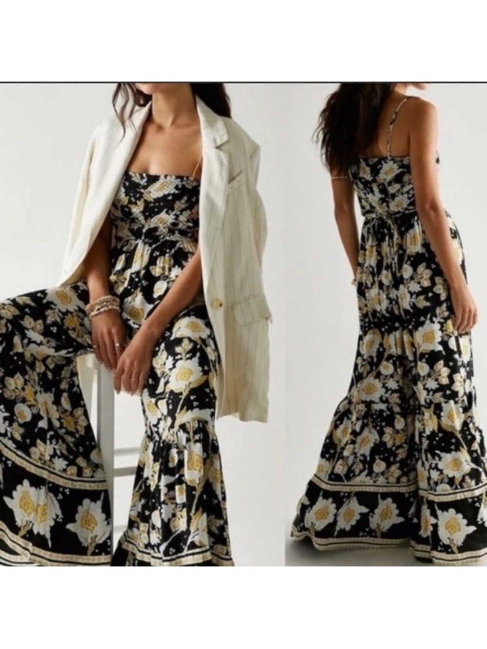 Free People Little Of Your Love Smocked Floral Wide Leg Cute Jumpsuit women XS